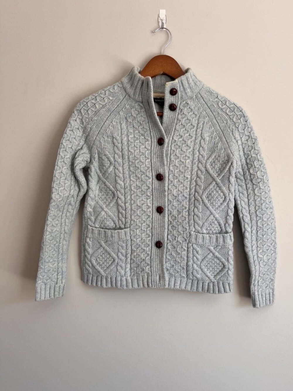 Lands’ End 100% Lambswool Aran Cable Cardigan XS Petite Grey Blue